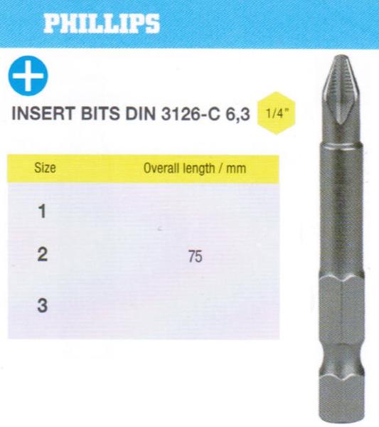 Биты крестовые РН1х 75мм S2 цилиндр. с насечкой DIN3126 хв-к Е1/4 PROFI